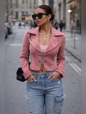 Bebe Salmon Pink Cropped Moto Jacket Fitted Chic Blazer XS